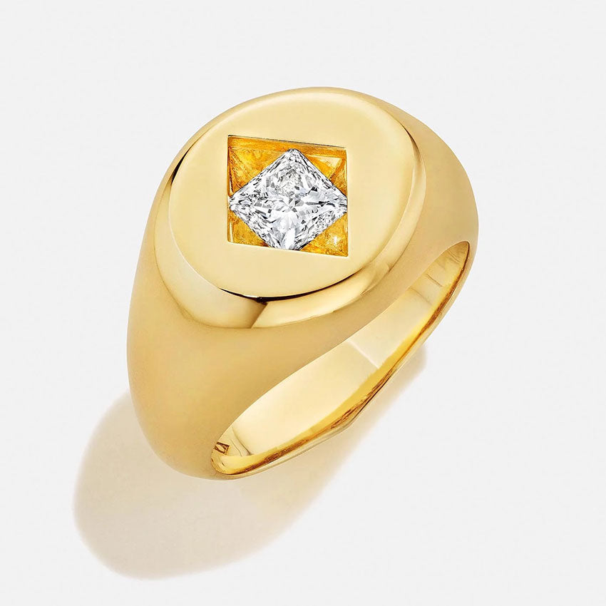 Bombé Signet Ring with Floating Diamond