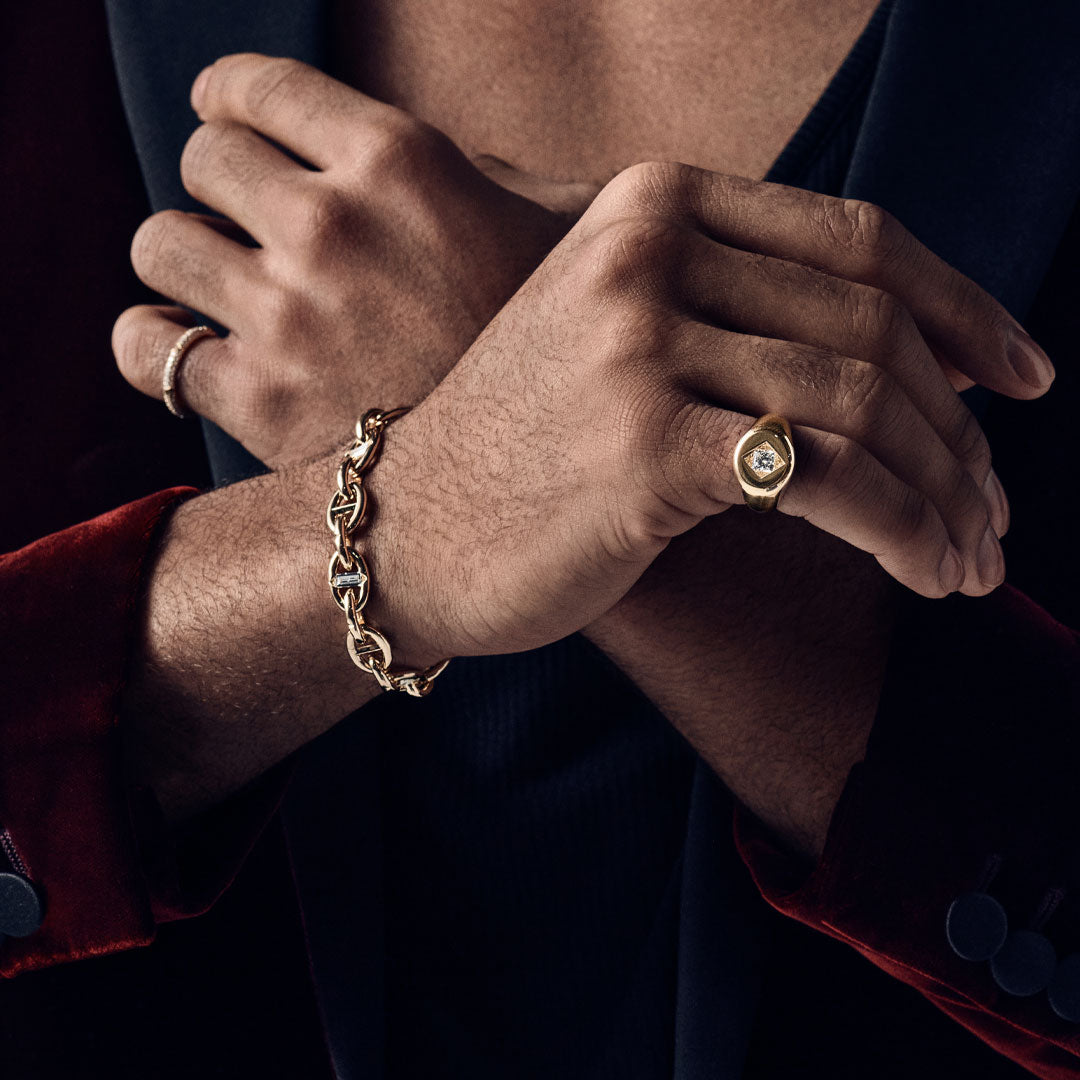 Bombé Signet Ring with Floating Diamond