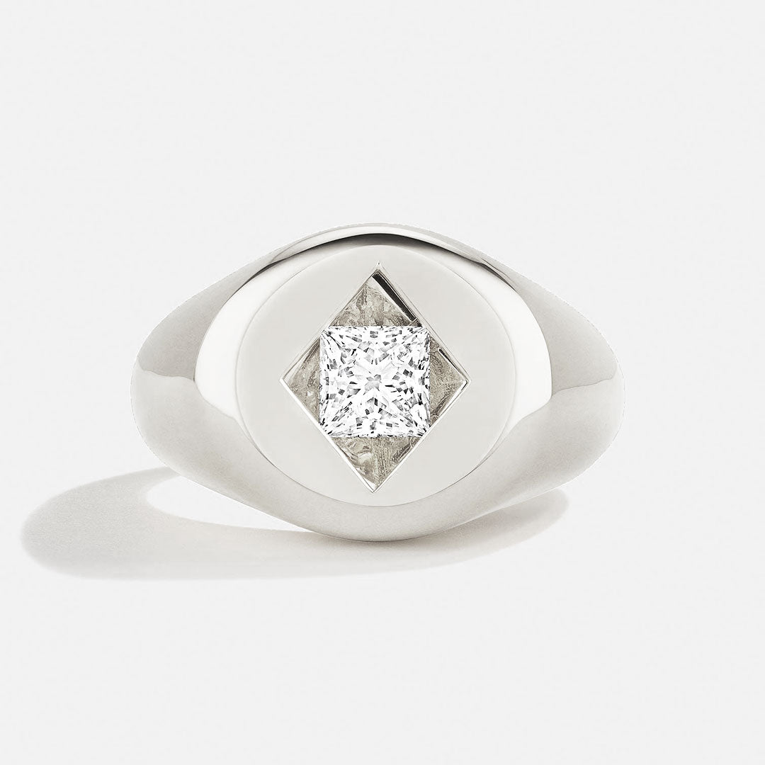 Bombé Signet Ring with Floating Diamond